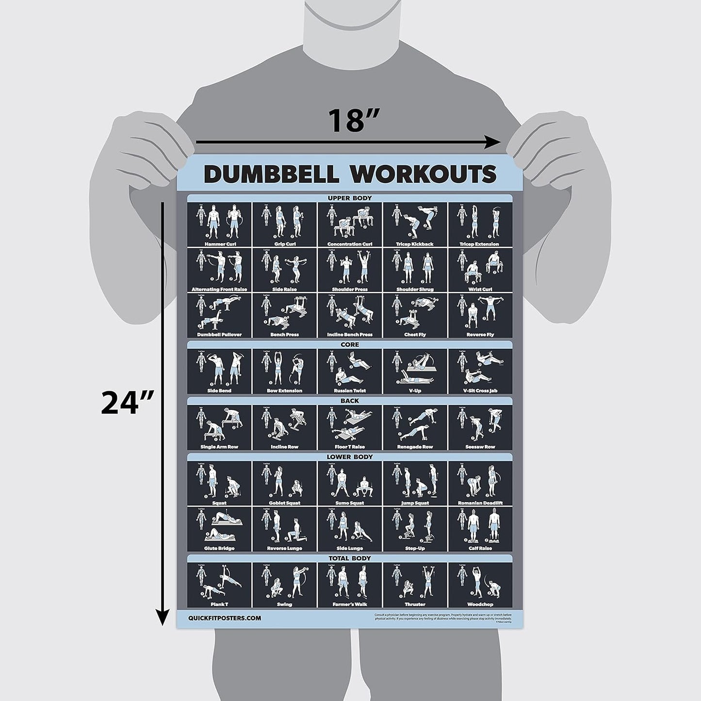 Palace Learning Dumbbell & Barbell Exercise Poster Set - Laminated 2 Chart Workout Guide | 18” x 24”