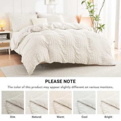 HYMOKEGE Ivory Queen Comforter Set Seersucker 7 Pieces, All Season Luxury Bed in a Bag for Bedroom, Bedding Set with Comforters, Sheets, Pillowcases & Shams