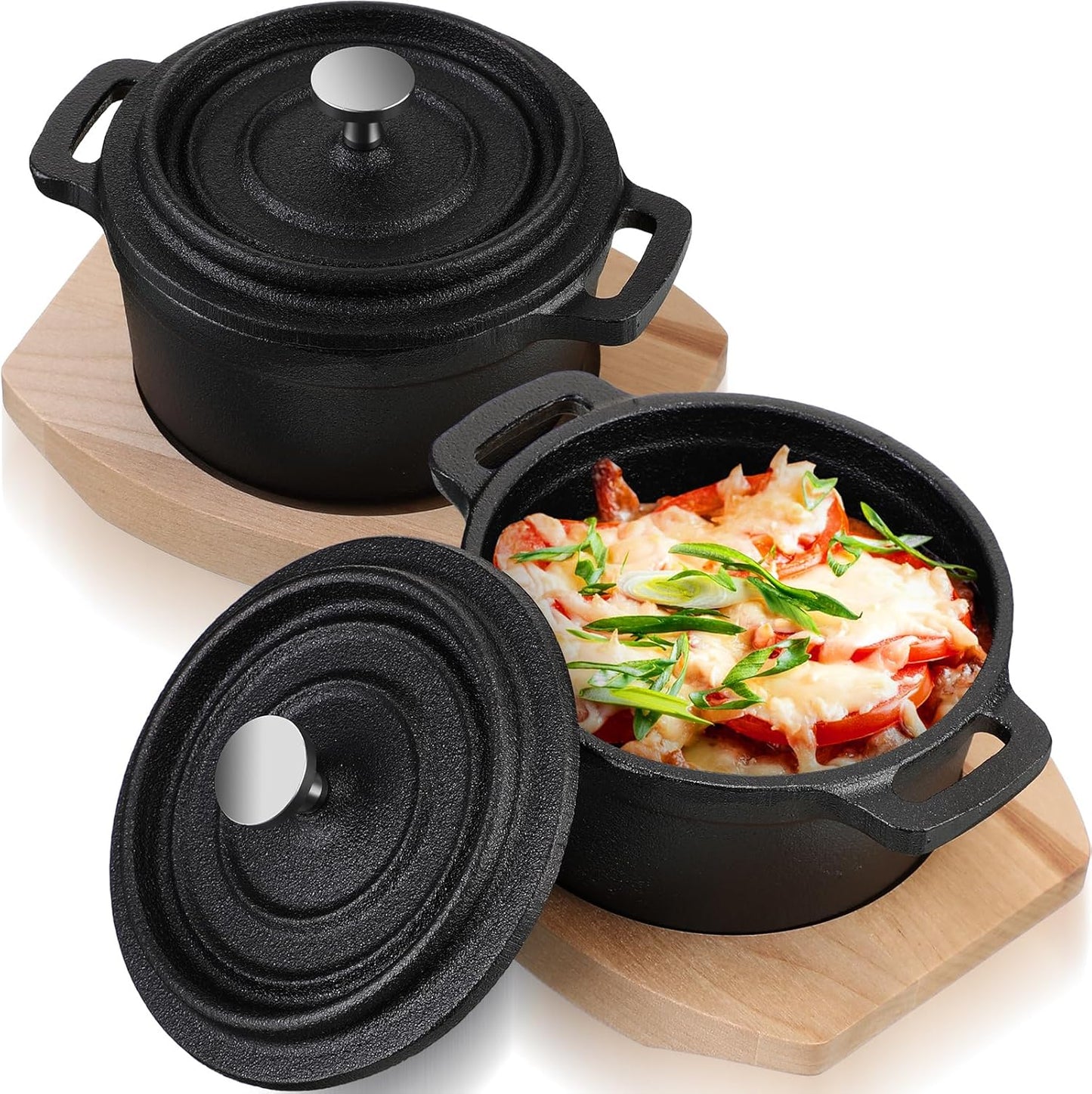 Skiennix 20 oz Dutch Oven Pot - Pre-Seasoned Cast Iron Casserole with Lid & Wooden Base | Heavy-Duty Mini Cocotte in Black