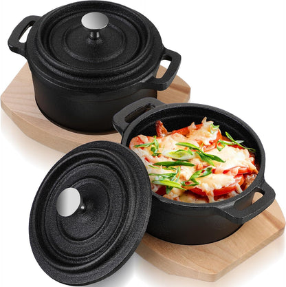 Skiennix 20 oz Dutch Oven Pot - Pre-Seasoned Cast Iron Casserole with Lid & Wooden Base | Heavy-Duty Mini Cocotte in Black