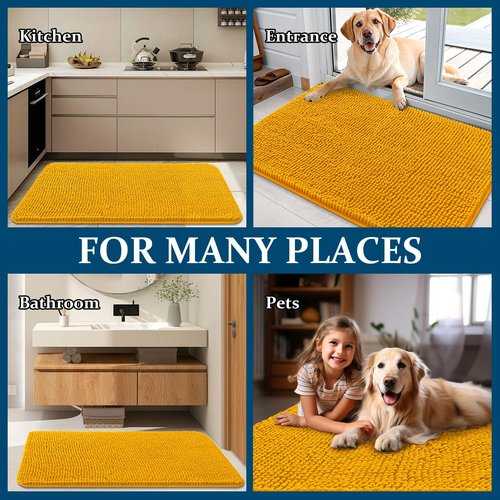 OLANLY Dog Door Mat for Muddy Paws 47x17, Absorbs Moisture and Dirt, Absorbent Non-Slip Washable Doormat, Quick Dry Chenille Mud Mat, Entry Indoor Entryway Carpet for Inside Floor, Golden Yellow