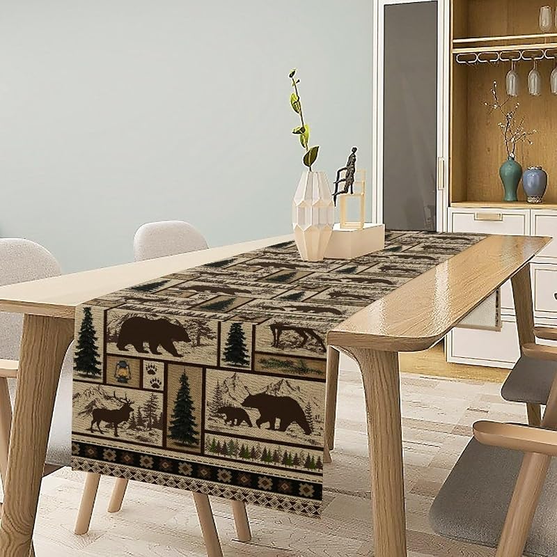 Cabin-11 Rustic Bear Deer Table Runner 13x90 Inches – Linen Kitchen Dinning Decor