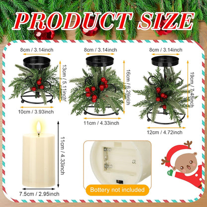 Yunlly Christmas Candle Holder Set - 3 LED Battery-Operated Centerpieces | Norfolk Pine Needle Design