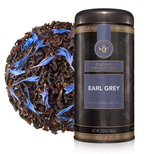 Teabloom Earl Grey Loose Leaf Tea, Updated Classic Assam Tea With Blue Cornflower Petals, Fresh Whole Leaf Blend, 3.53 Ounce Loose Leaf Tea Canister Makes 35-50 Cups