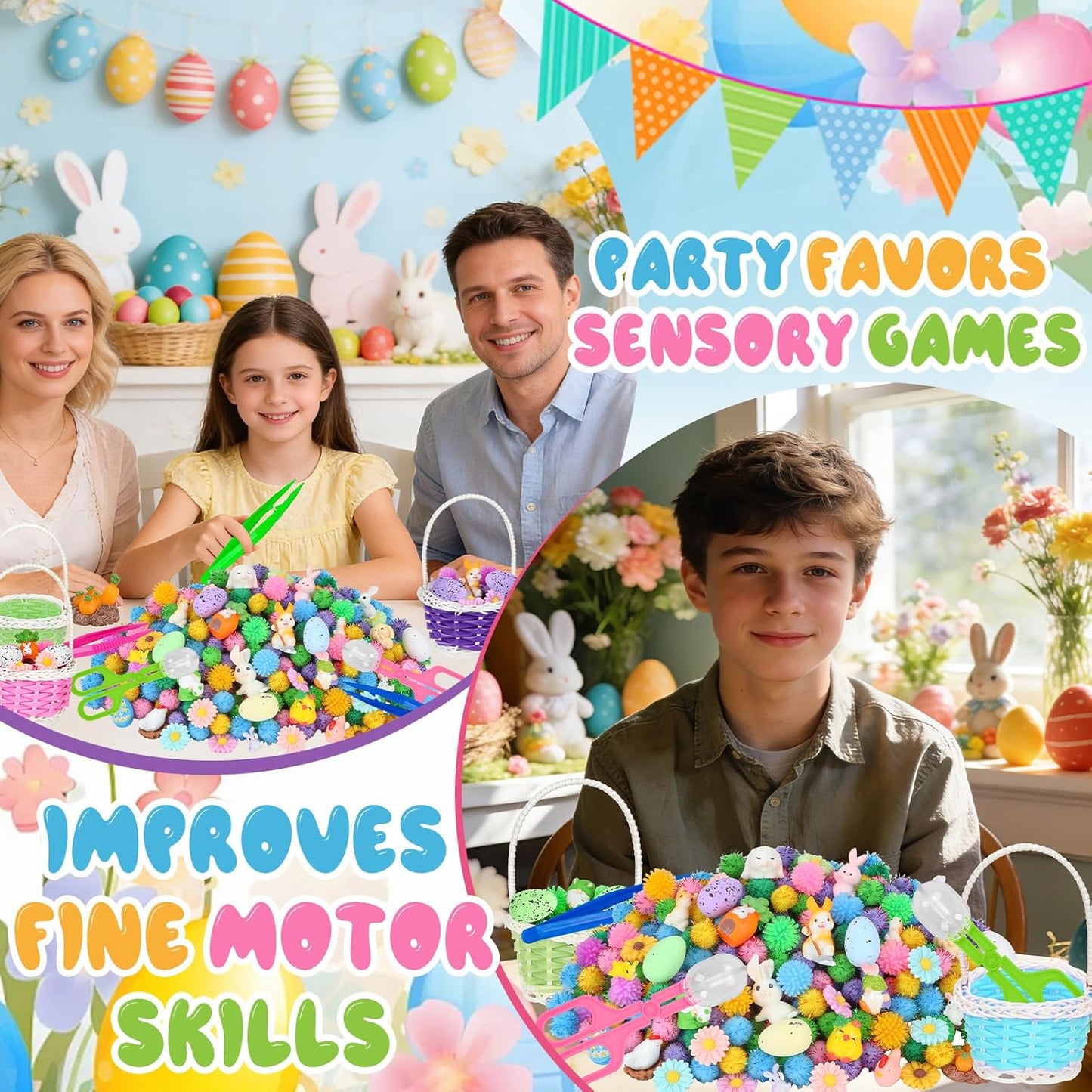Skiennix Easter Sensory Bin Filler | 287 Pcs with Eggs, Bunnies, Felt Flowers & Pom Poms for Counting Fun