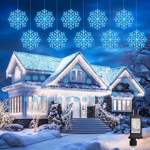 Brightown Christmas Snowflake Icicle Lights - 23.6ft 10 Drops with 480 LEDs for Indoor/Outdoor Decor | Blue & White