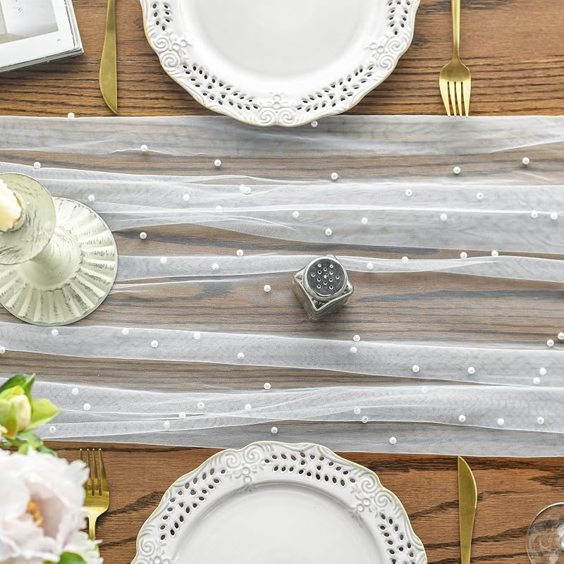 Pearl White 3-Pack 28 x 120 Inch Gauze Table Runner - 10ft, Artoid Mode