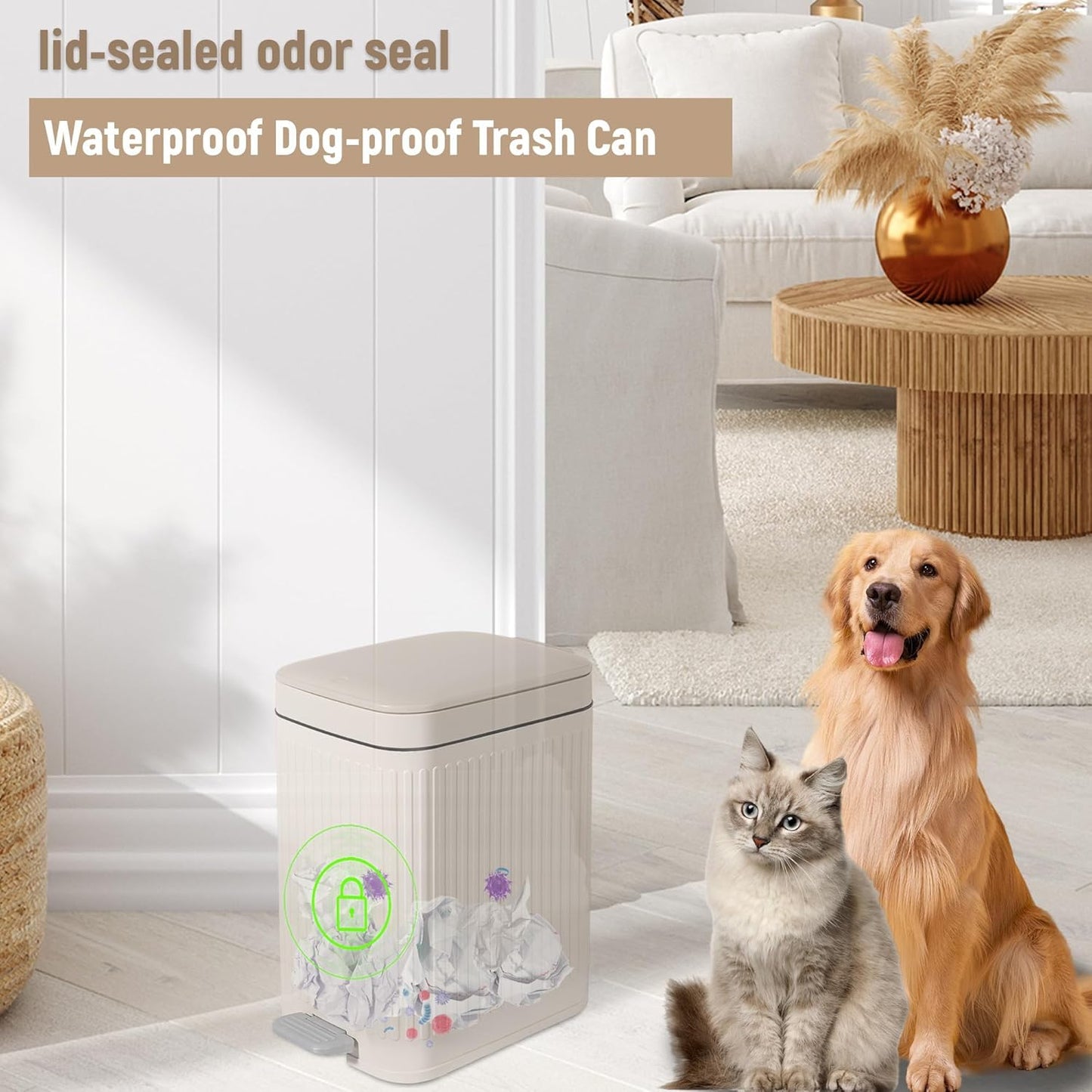 Rejomiik Small Bathroom Trash Can - Slim Soft Close Lid Wastebasket | 1.9 Gallon Cream for Office & Home