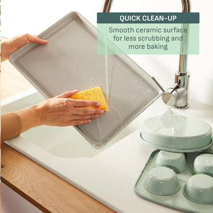 T-fal Ceramic Nonstick Baking Pans Set - 5 Pieces, Stackable Bakeware in Mint Green for Muffins & Roasting