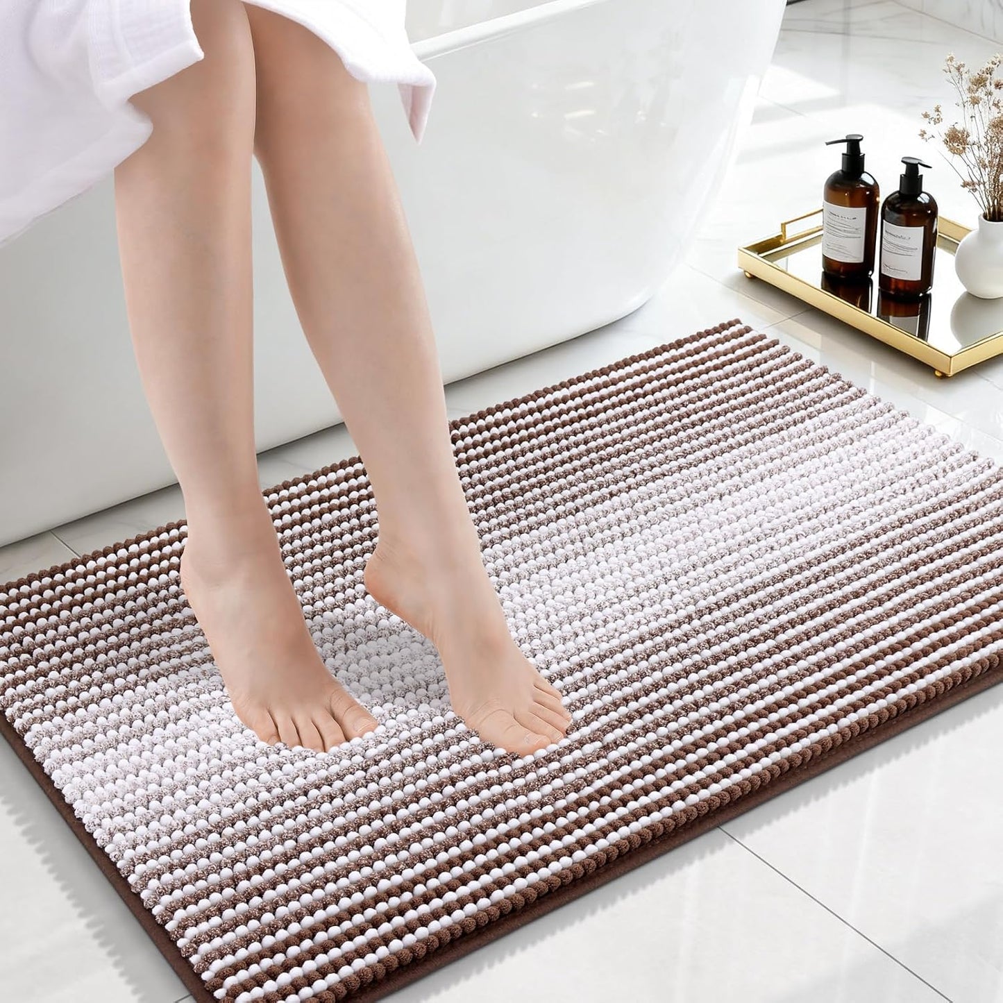 OLANLY Bath Rugs - Extra Soft Chenille Striped Bathroom Mats | 32x20, Rubber Backing, Machine Washable, Brown