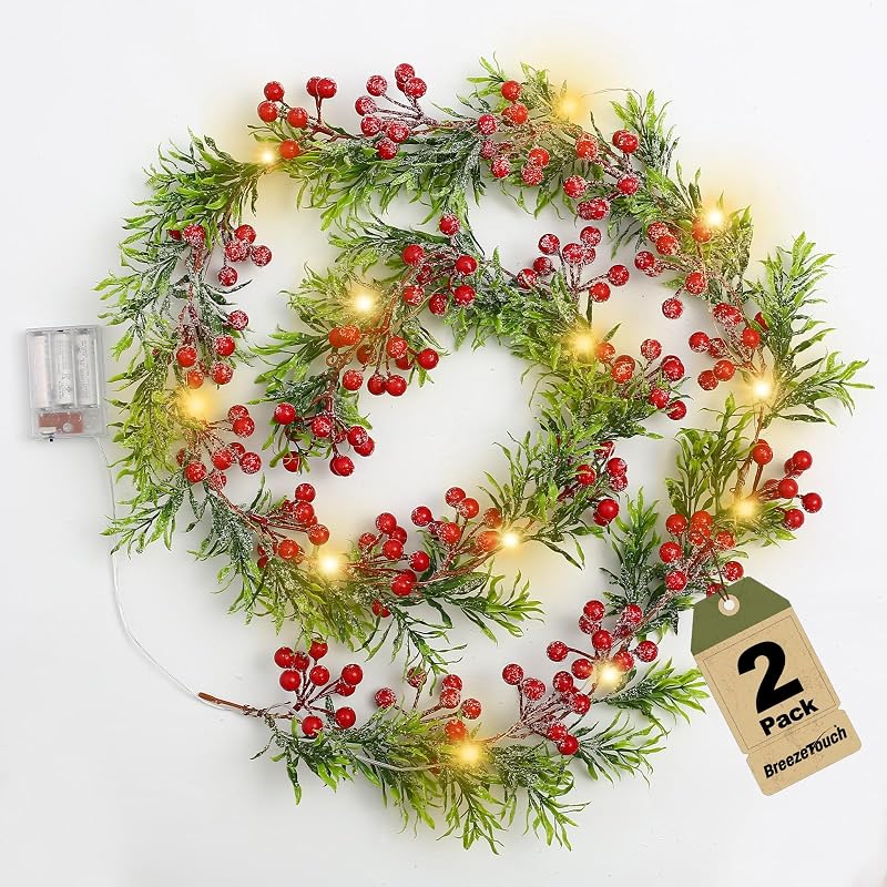Breeze Touch 2 Pack Lighted Olive Garland with Red Berries - Battery Operated Snowy Christmas Decor