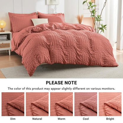 HYMOKEGE Coral King Size Comforter Set Seersucker 7 Pieces, All Season Luxury Bed in a Bag for Bedroom, Bedding Set with Comforter, Sheets, Pillowcases & Shams