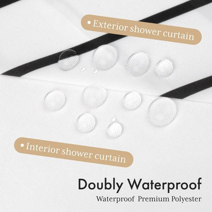 AmazerBath No Hook Shower Curtain and Liner Set, Shower Curtain with Liner and Hooks Built-in Less Time, Heavy Double Waterproof Farmhouse Shower Curtain Set for Bathroom, Black Stripe, 74"x72"