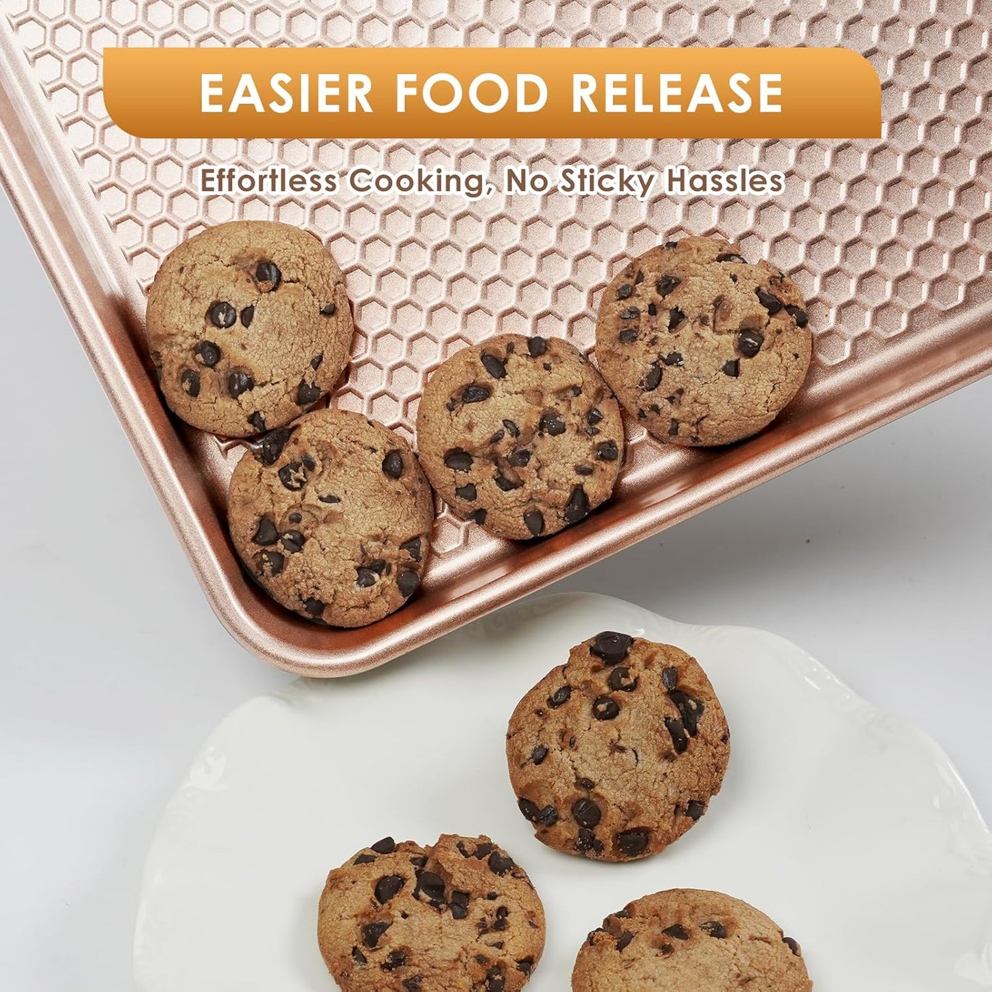 Skiennix Nonstick Baking Sheet Pan Set - 3 Heavy-Duty Carbon Steel Cookie Sheets | Easy Clean Rose Gold