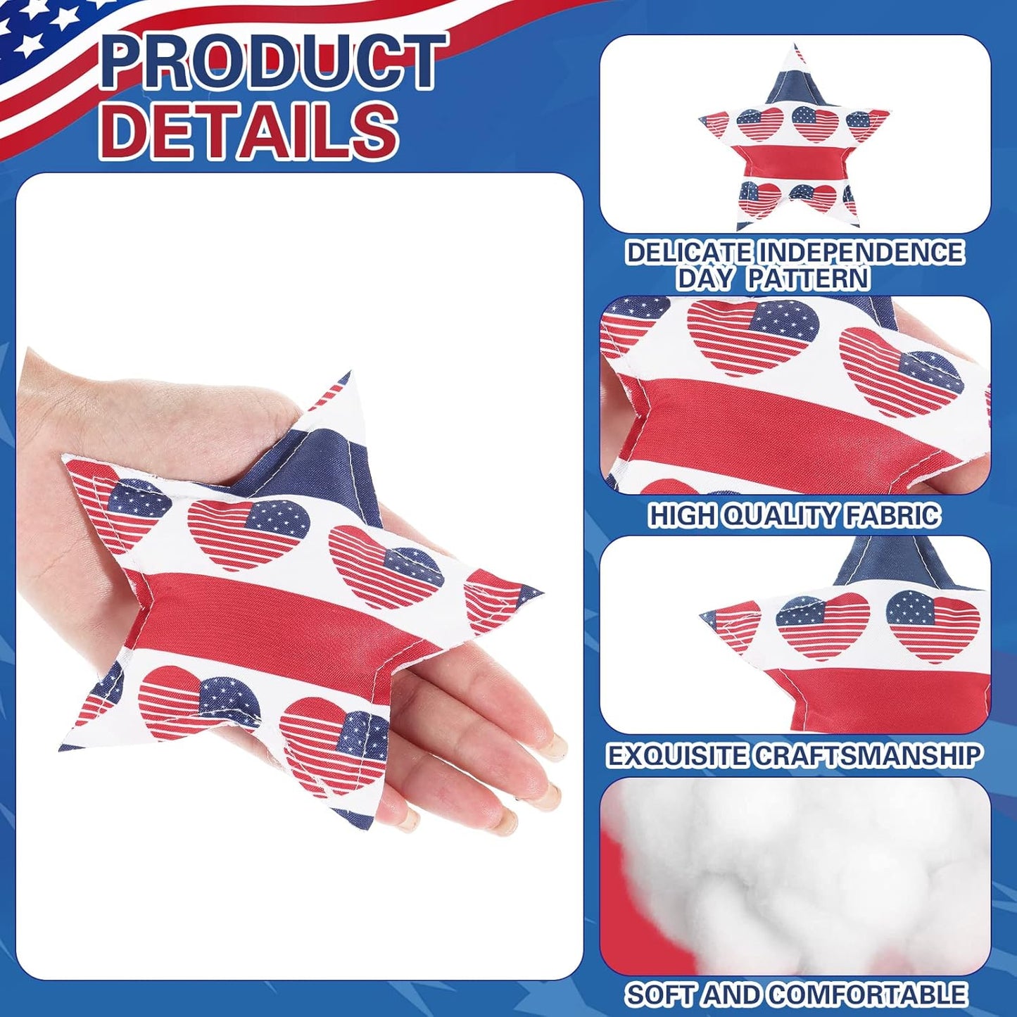 Oudain 15 Pcs Large 5-Inch Patriotic Star Tree Ornaments - Red, White & Blue Fabric Decor for 4th of July