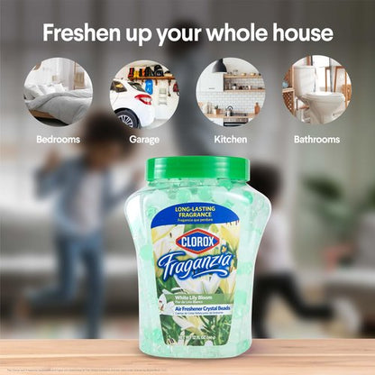 Clorox Fraganzia Crystal Beads Air Freshener, Long Lasting Room Deodorizer and Odor Eliminator Gel Beads to Freshen Home, Car, or Office, White Lily Bloom Scent, 12 Fl Oz