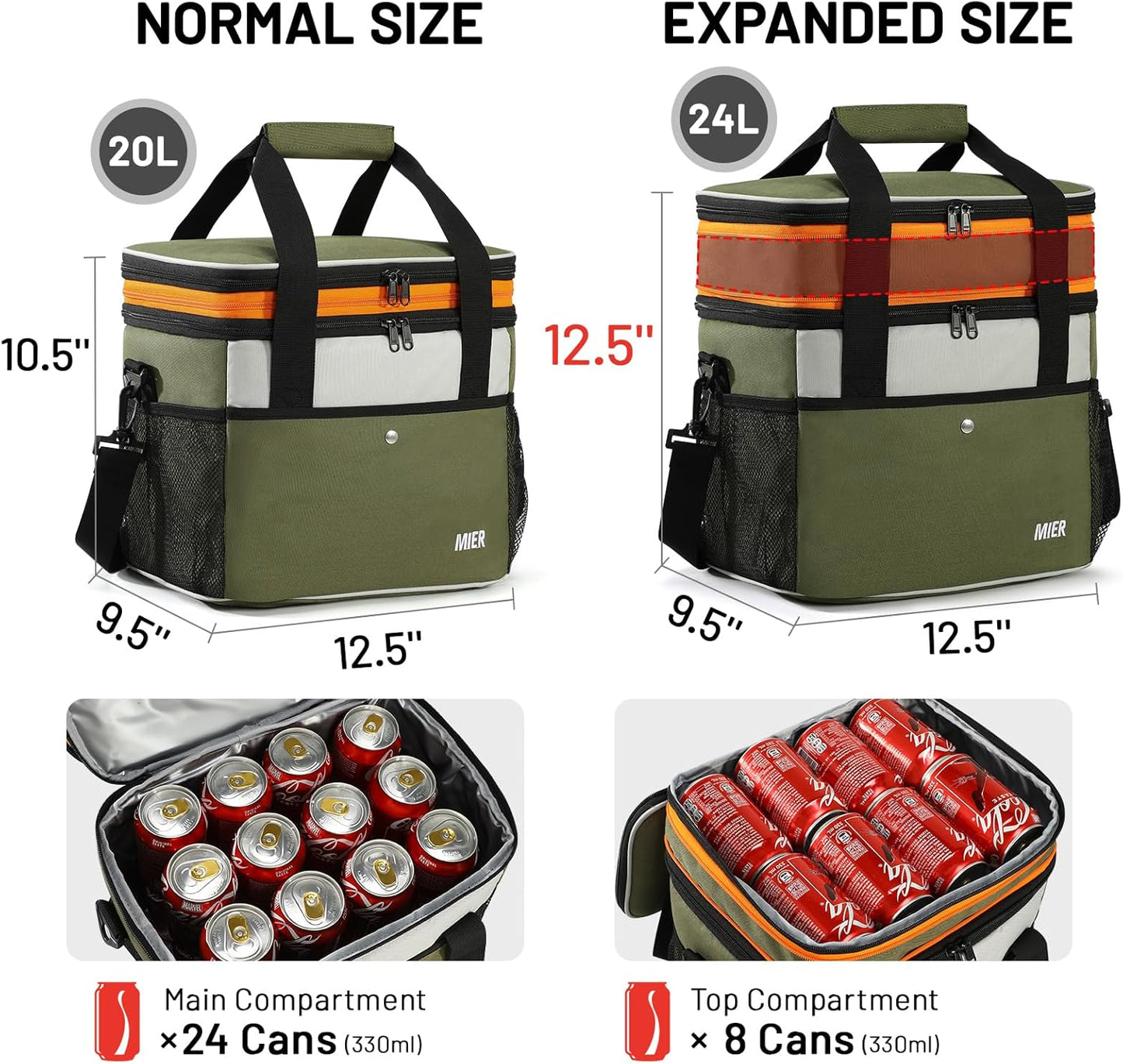 MIER Insulated Cooler Tote - Expandable 24L Lunch Bag for Work & Travel | Leakproof, Army Green