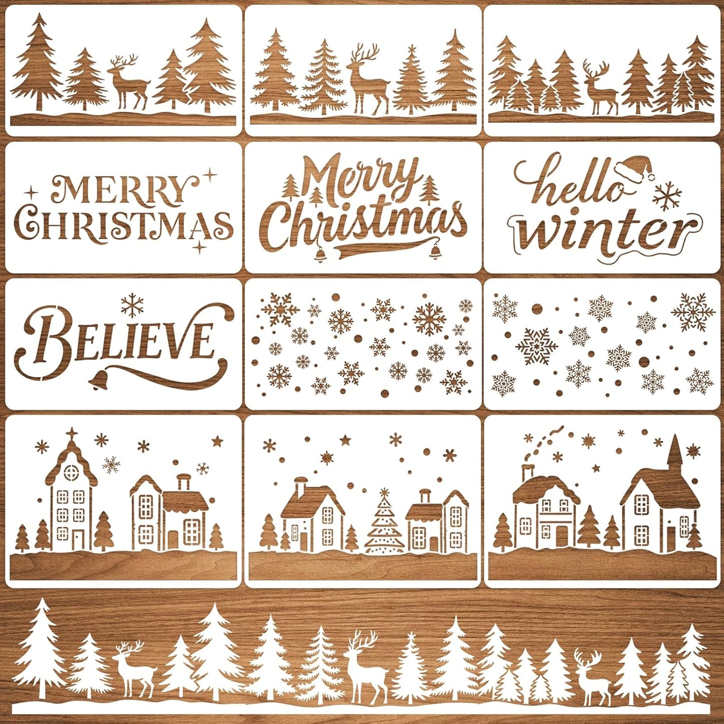 Skiennix Large Christmas Stencils - 12 Pcs Winter House, Snowflake & Pine Tree Designs for Painting on Wood, Glass & More