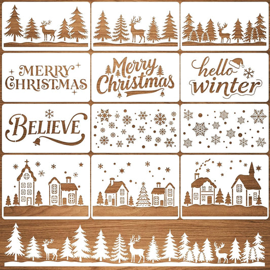 Skiennix Large Christmas Stencils - 12 Pcs Winter House, Snowflake & Pine Tree Designs for Painting on Wood, Glass & More