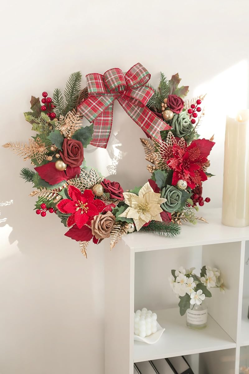 Red Poinsettias Christmas Artificial Flower Combo Set with Pine Stems & Gold Leaves - Rongflower Variation Chrismas Red Gold