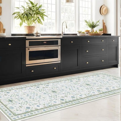 Hazo Haus Oushak Runner Rug - Floral Pastel Boho Design, Washable Low Pile, 2x10 ft - Cream, Blue & Green