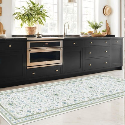 Hazo Haus Oushak Runner 2x10 Hallway Rug - Floral Pastel Boho, Washable Low Pile Non Slip Extra Long Runner Rugs for Kitchen, Hall Way - Cream Blue and Green