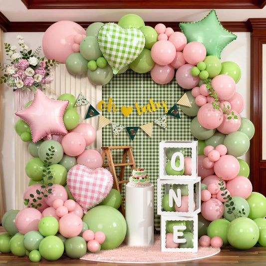 Winrayk Pink Green First 1st Birthday Decorations Girl, ONE Balloon Box Pink Green Balloon Arch Kit Oh Baby Banner Pennant Banner Heart Foil Balloons, One Year Old First Birthday Decorations for Girls