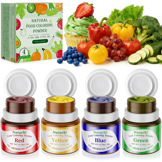 Natural Food Coloring Powder Set - 4 Vibrant Colors | Artificial & Synthetic Dye-Free for Baking, Cake Decorating & More