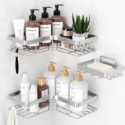 Sakugi Corner Shower Caddy - Rustproof 3-Pack Organizer with Soap Holder & Hooks | Large Silver Shelves