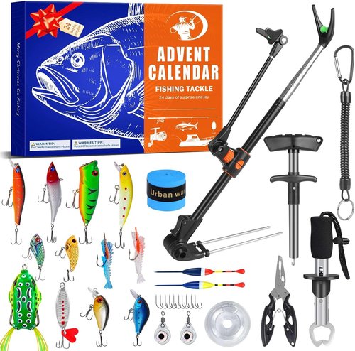 Fishing Advent Calendar 2025 - 24-Day Tackle Set with Rod Holder & Fish Lip Gripper | Perfect Gift for Men
