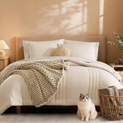 Monbix Queen Comforter Set - 7-Piece Beige Bedding Set | All-Season Comforter, Sheets & Pillowcases