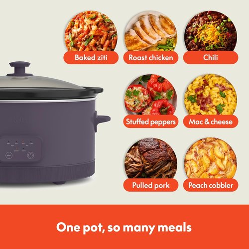 Bella 6.0 Qt Programmable Slow Cooker - Ceramic Nonstick, Adjustable Temp & Cooking Times | Dishwasher Safe, Plum
