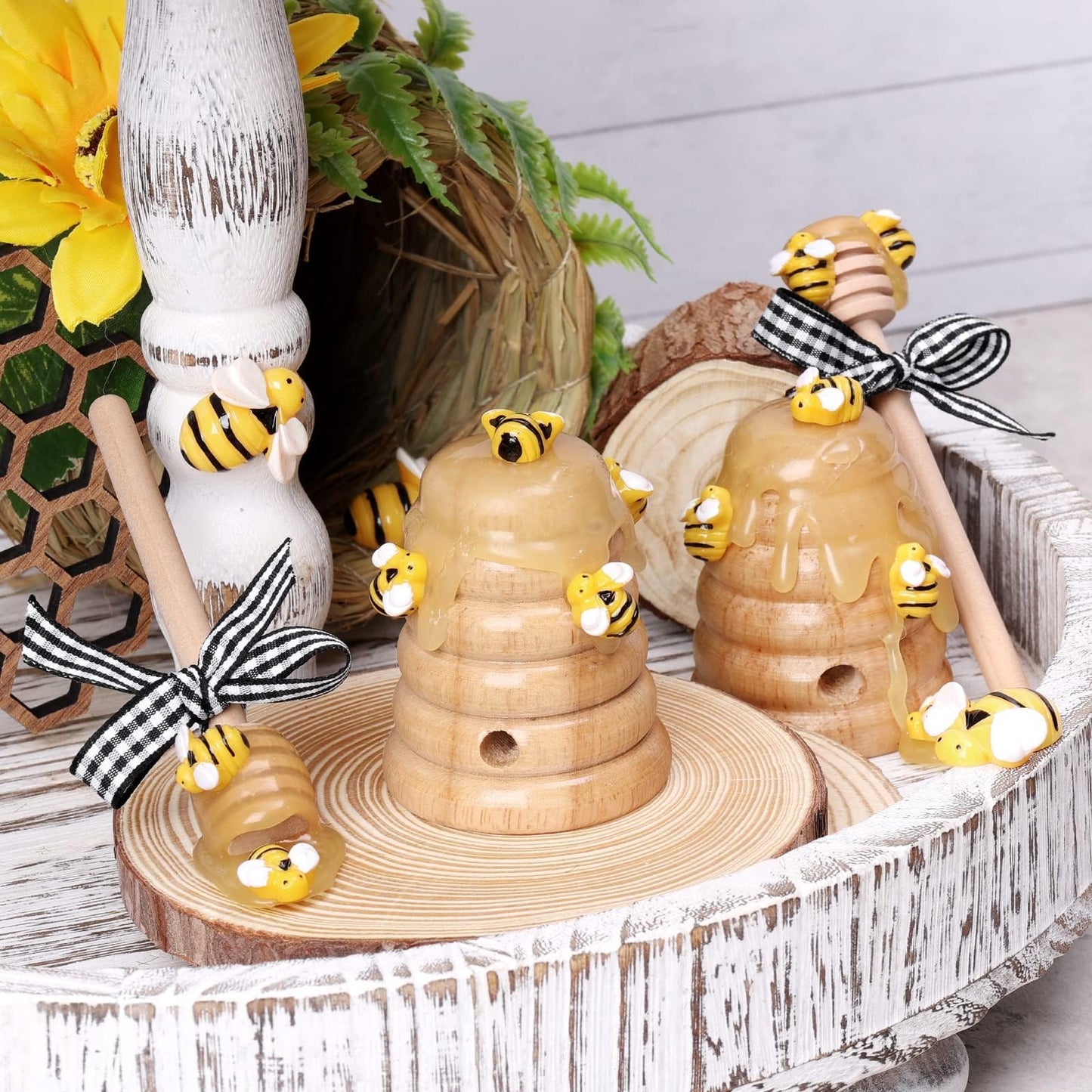 Bee Tiered Tray Decor with Wooden Fake Honey Hive Dippers Bumble Bee Gifts for Women Decorations for Spring Farmhouse Home Kitchen Shelf Rustic Housewarming Display Party Supplies Set of 4