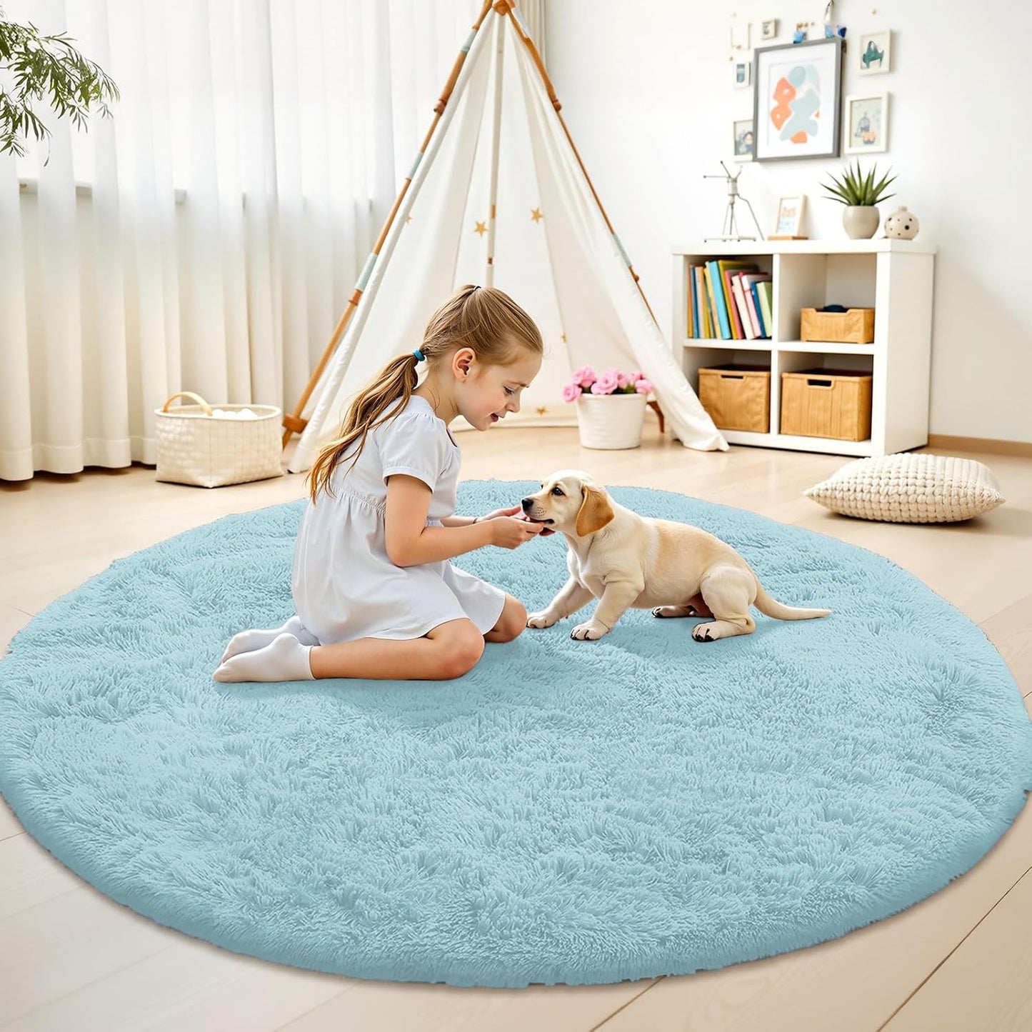 OLANLY Round Light Blue Area Rug - Soft, Fluffy, Machine Washable 9 ft Circle Carpet for Bedroom & Nursery Decor