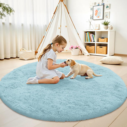 OLANLY Light Blue Round Rugs for Bedroom - Machine Washable, 7 ft Circle Area Rugs for Living Room, Soft and Fluffy Shaggy Carpet for Teen Girl and Boys, Nursery Rooms, Dorms, Home Decor Aesthetic