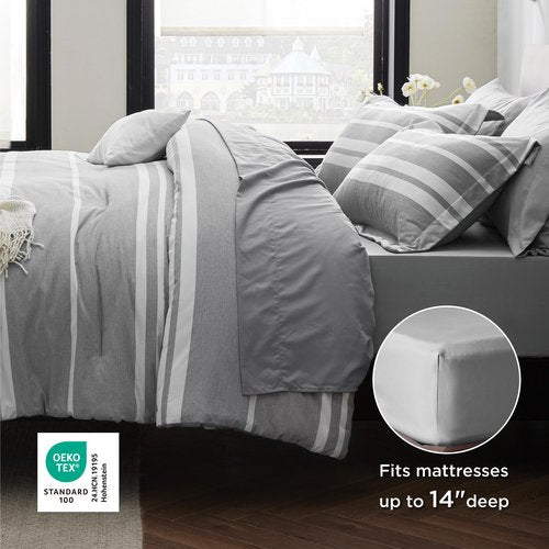 Bedsure Queen Comforter Set 7 Pieces, Grey Striped Bedding Set for All Seasons, Reversible, Cationic Dyeing Bed in a Bag with Comforter, Sheets, Pillowcases & Shams