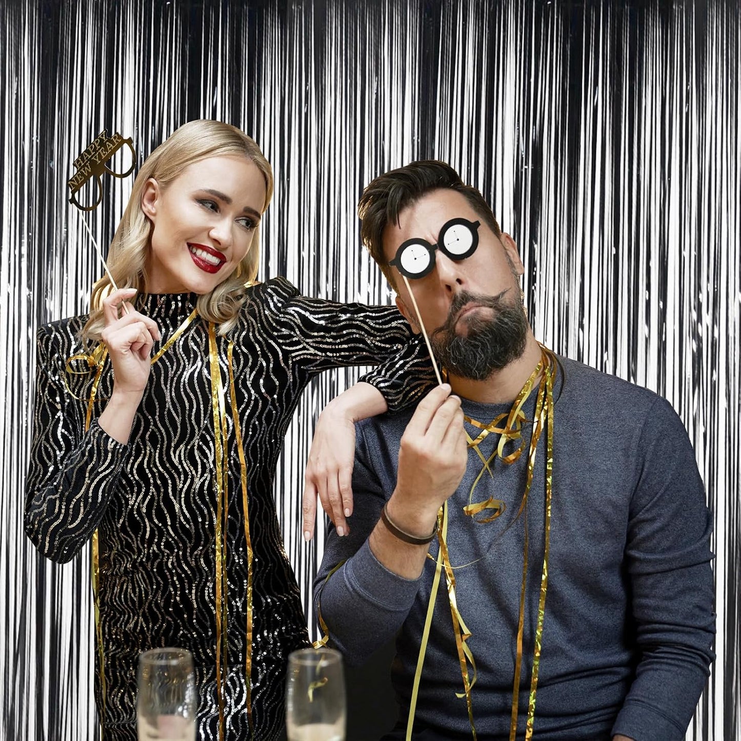 Melsan Black Tinsel Fringe Backdrop Curtains - 3.2 x 8 Ft Photo Backdrop for Parties | Pack of 2