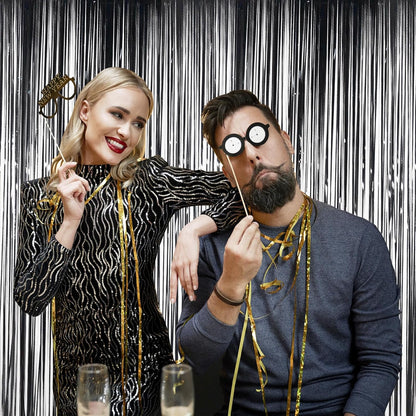 Melsan Black Tinsel Fringe Backdrop Curtains - 3.2 x 8 Ft Photo Backdrop for Parties | Pack of 2