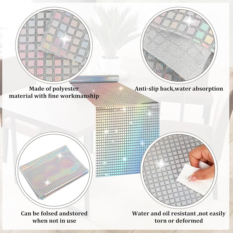 Whaline 71x12 Inch Glitter Disco Table Runner - Iridescent Silver Mirror Party Cloth (Variation: 1)