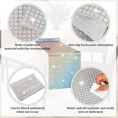 Whaline 71x12 Inch Glitter Disco Table Runner - Iridescent Silver Mirror Party Cloth (Variation: 1)