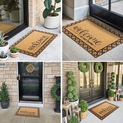 Welcome Mat Front Door Mat Indoor Outside Entrance, Heavy Duty Dirt Trapper Coir Doormat with Non Slip Backing Entryway Rug for Front Back Door, 17x30, Brown