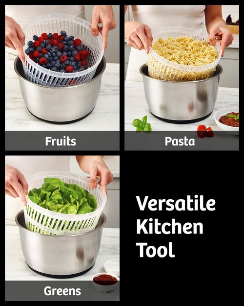 Lily&Stone Large Stainless Steel Salad Spinner - Quick Multi-Use Lettuce Dryer & Fruit Washer | 6.33 Qt