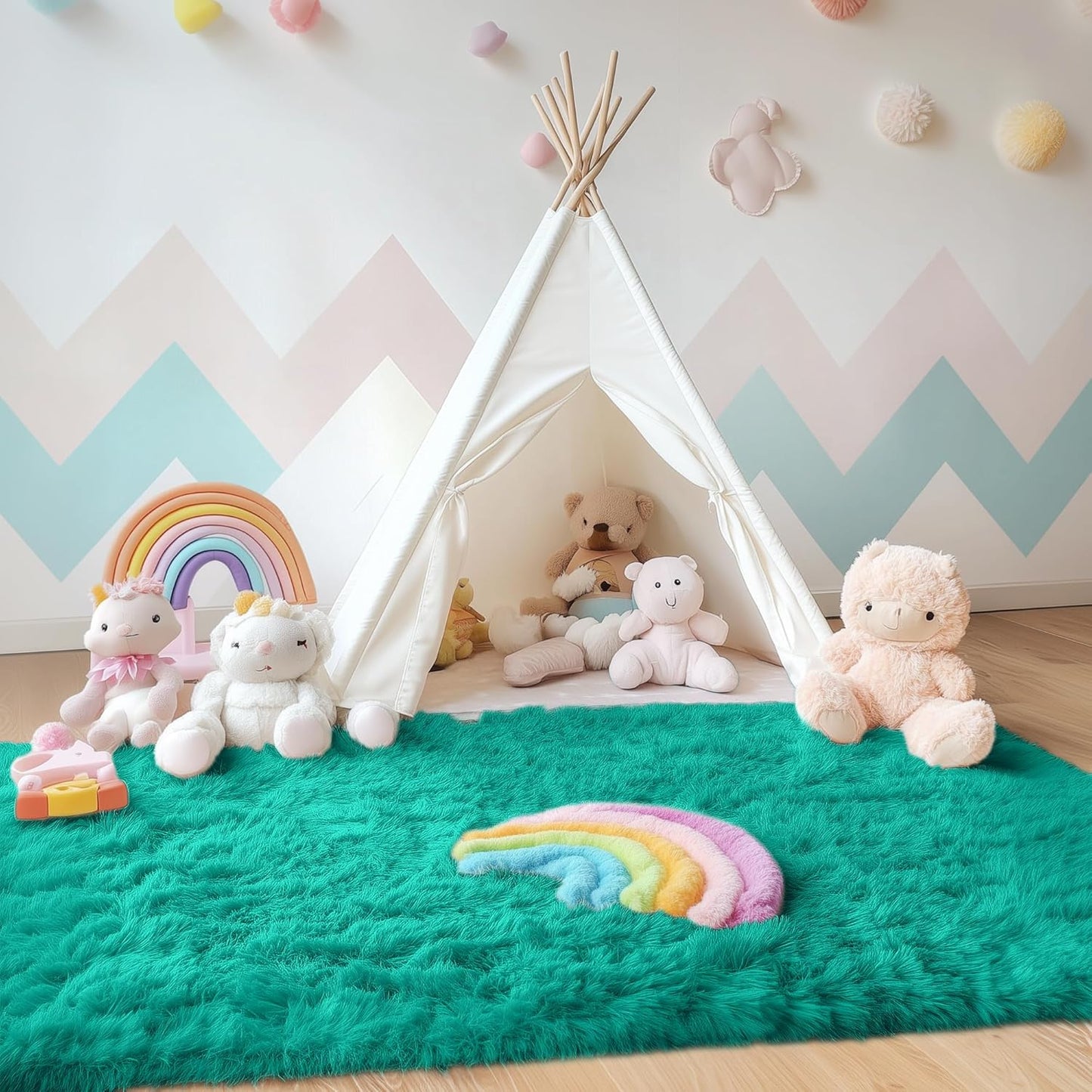 OLANLY Area Rug - Soft Fluffy Shaggy Design | Machine Washable 4x5.9 ft Teal Green Carpet for Kids & Nursery