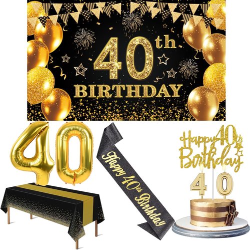 40th Birthday Decorations - Black and Gold Banner, Table Cloth, Balloons, Sash & Cake Topper