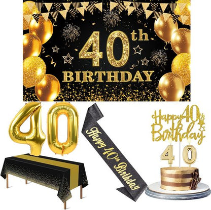 40th Birthday Decorations - Black and Gold Banner, Table Cloth, Balloons, Sash & Cake Topper