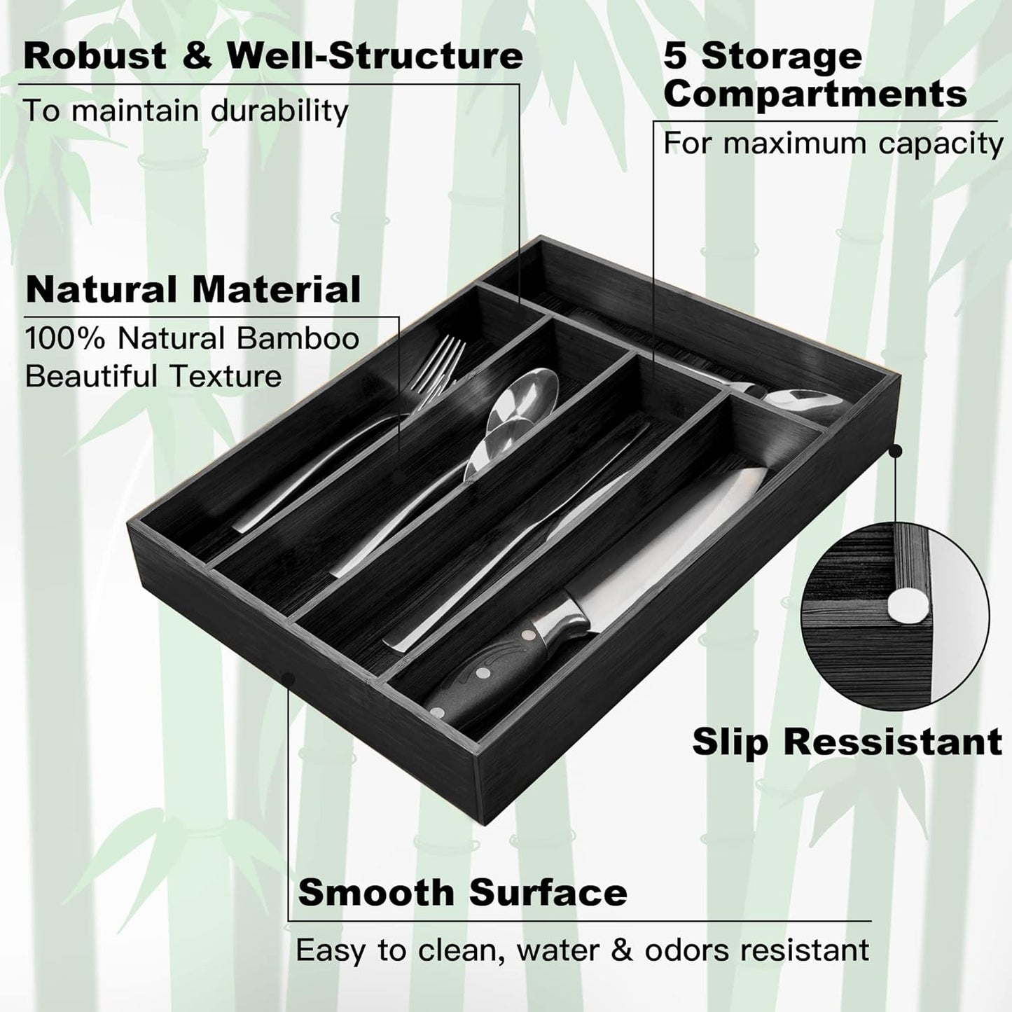Regine Switzerland Bamboo Silverware Holder - 5-Slot Drawer Organizer in Black