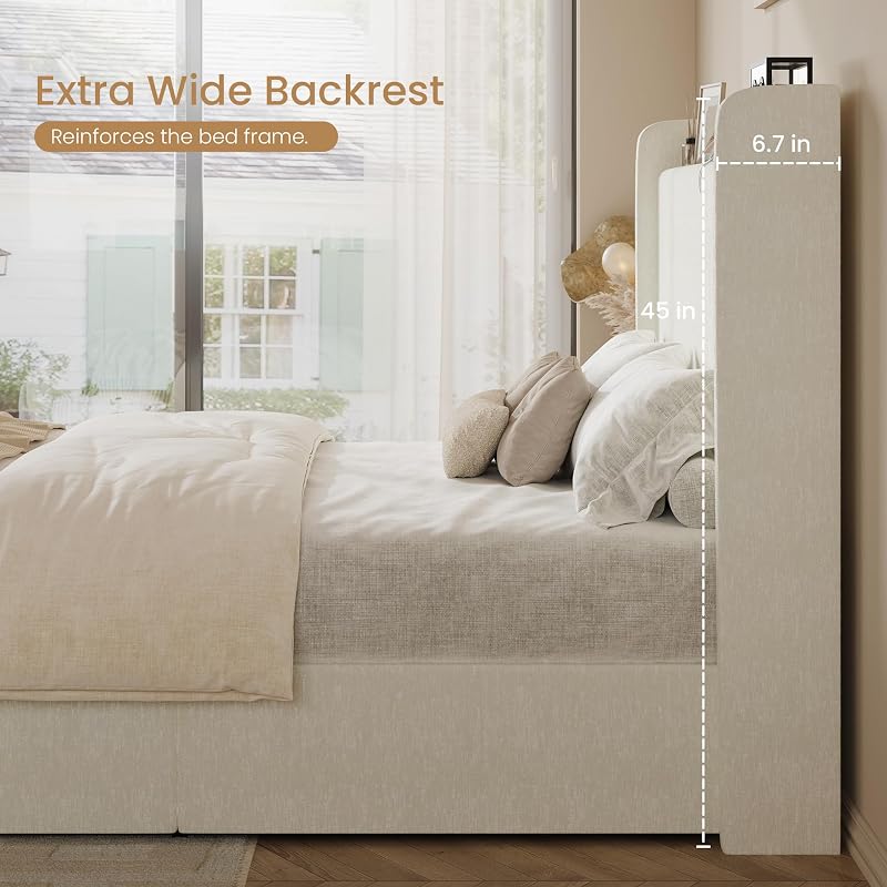 Queen Bed Frame with Chenille Storage Headboard and USB Ports - White (Variation: White+Queen)
