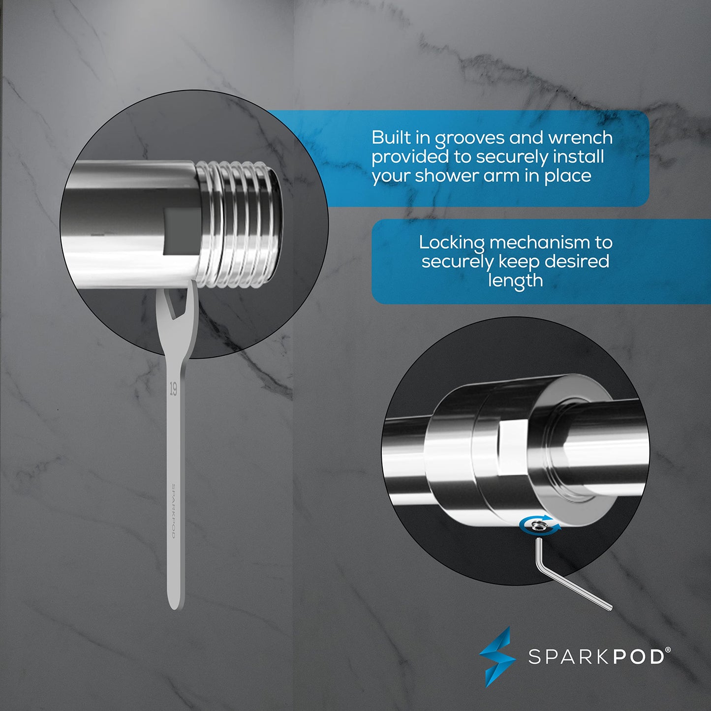 SparkPod 11 Inch Expandable Shower Arm with Flange - Solid Stainless Steel Shower Head Extension Arm, Wall-Mounted - Extends up to 18" - Plumber's Tape Included (Expandable, Luxury Polished Chrome)