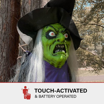 Haunted Hill Farm Talking Witch Tree Hugger with Light-Up Eyes and Attached Ropes, Halloween Prop for Battery Operated Scary Outdoor Halloween Decorations, Spooky Halloween Fright Props
