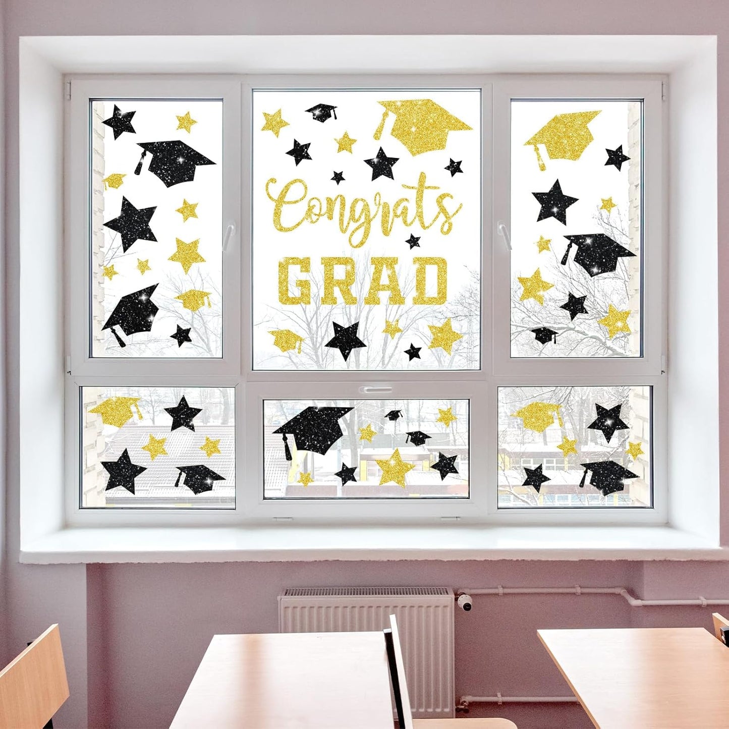 Whaline Glitter Graduation Window Clings - Double-Sided Black & Gold Grad Hat & Star Decor | 6 Sheets